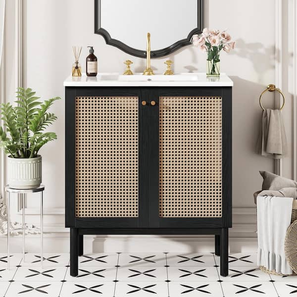30 in. Single Sink Freestanding Black Bath Vanity with White Ceramic Top