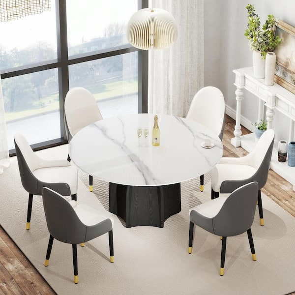 Magic Home 59 in. White Round Sintered Stone Tabletop Black Pedestal Base Kitchen Dining Table (Seats-8)