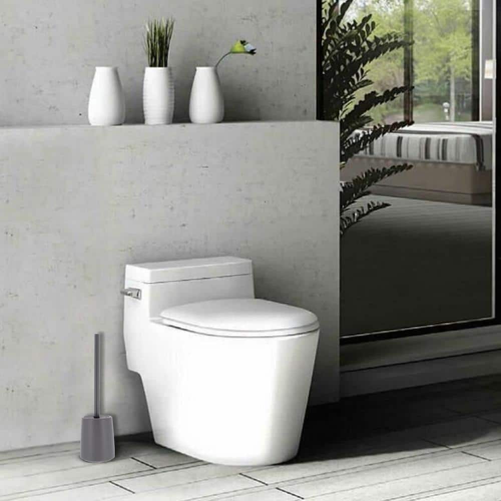 Gray Stoneware Toilet Brush and Holder with Metallic Handle