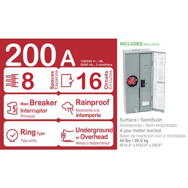 Homeline 200 Amp 8-Space 16-Circuit Outdoor Ring-Type Overhead/Underground Surface Main Breaker CSED, Dual Disconnect
