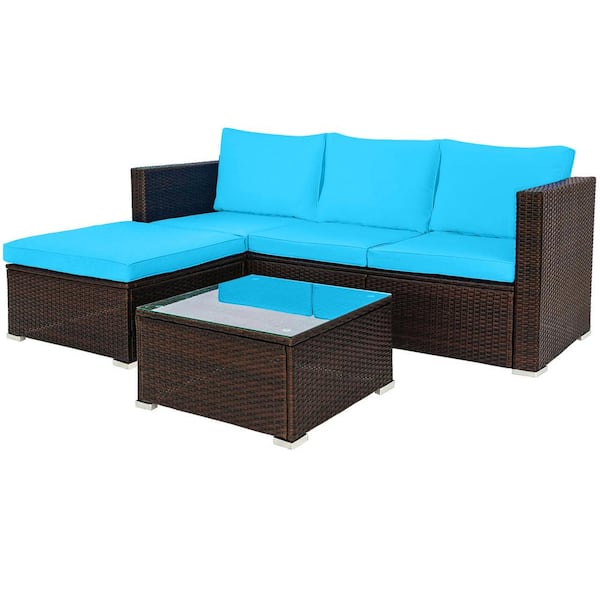 waelph 5-Piece Wicker Patio Conversation Sectional Seating Set with Table and Blue Cushions