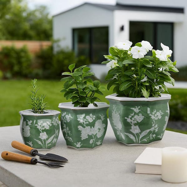 8 in. 10 in. and 12 in. Green Ceramic White Flowers Decorative Pots (Set of 3)