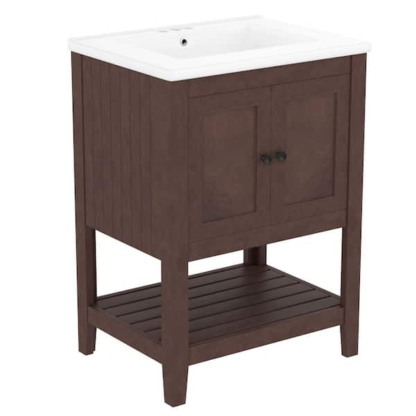 24 in. Single Sink Freestanding Brown Bath Vanity with White Ceramic Top, Solid Wood Frame, and Open Shelf, Assembled