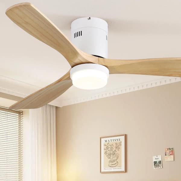 Sofucor 52 in. LED Indoor/Outdoor Flush Mount White Ceiling Fan with Wood Blades, 6-Speed DC Remote Control