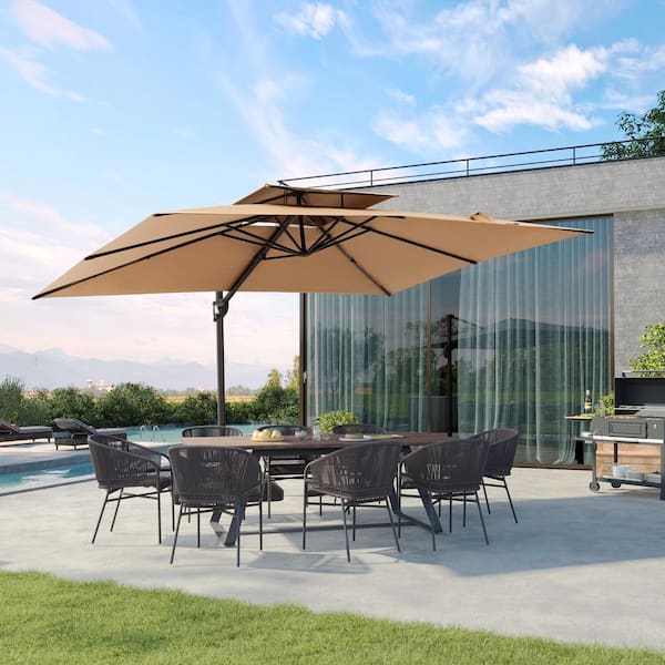 11.5 ft.x 9 ft. Dual Top Outdoor 360° Rotation Tiltable Aluminum Cantilever Patio Umbrella in Tan w/ 240 lbs. Base Stand