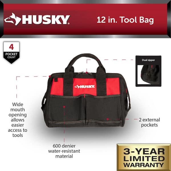 12 in. 4-Pocket Red Tool Bag with Zippered Top
