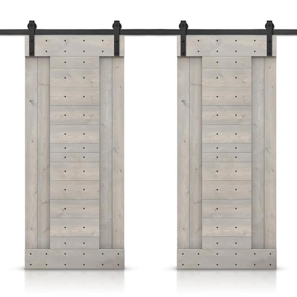 CALHOME 48 in. x 84 in. Silver Gray Stained DIY Knotty Pine Wood Interior Double Sliding Barn Door with Hardware Kit