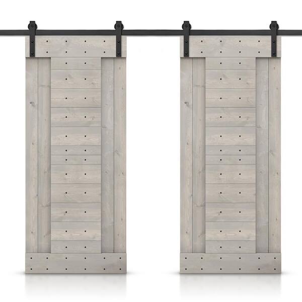 CALHOME 76 in. x 84 in. Silver Gray Stained DIY Knotty Pine Wood Interior Double Sliding Barn Door with Hardware Kit