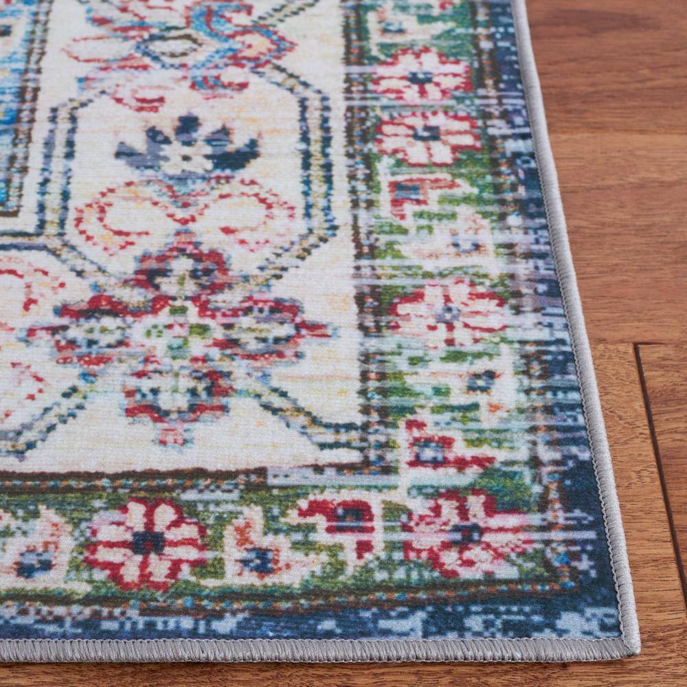 Navy and Beige 6' Square Washable Synthetic Area Rug