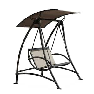 2-Person Outdoor Metal Patio Swing with Adjustable Canopy and Durable Steel Frame in Dark Brown for Garden, Deck, Porch