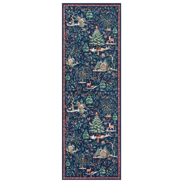 Christmas Woodland Forest Blue Trees Animals Snowflake Non-Slip 2 ft. x 6 ft. Living Room/Bedroom Indoor Runner Rug