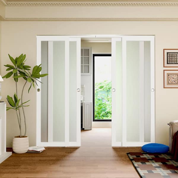 120 in. x 80 in. 1-Lite Frosted Glass MDF Sliding Door with Hardware Track Kit and Floor Guide and Handle Finished Doors