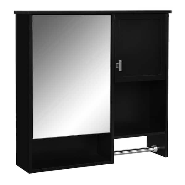 29.52 in. W x 28.74 in. H Rectangular Black MDF Medicine Cabinet with Mirror, Adjustable Storage Shelf and Towel Bar