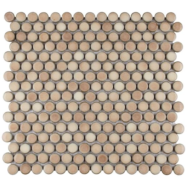 Hudson Penny Round Truffle 6 in. x 6 in. Porcelain Mosaic Take Home Tile Sample