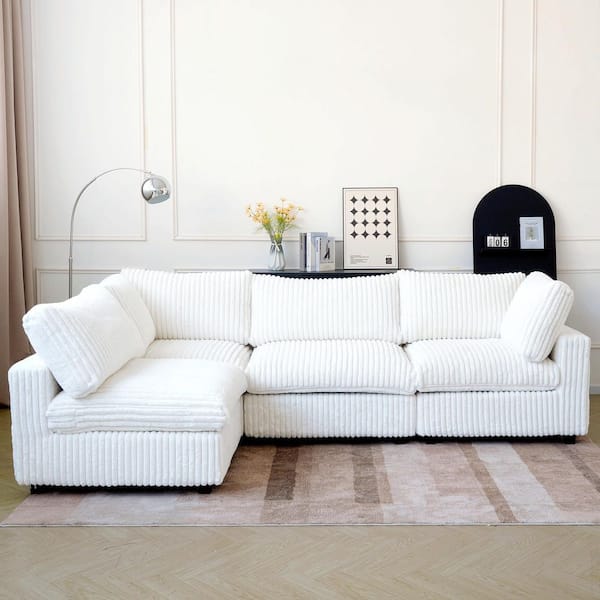 Magic Home Oversized 157 in. Square Arm Velvet Pine Wood Modular Sofa Lawson Down Filled Cloud Couch with Washable Covers in. White