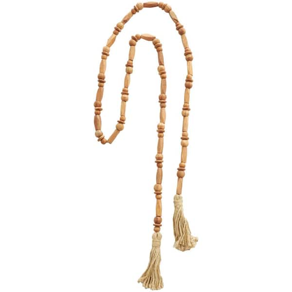 Brown Handmade Mango Wood Rectangle Carved Geometric Long Beaded Garland with Tassel