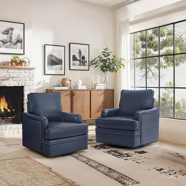 OrangeOne Fabry Navy Mid-Century Genuine Leather Swivel Accent