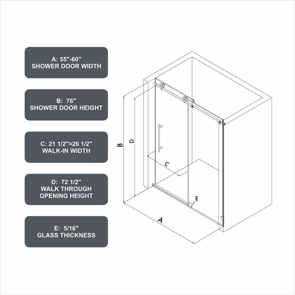 60" x 76" Frameless Chrome Sliding Shower Door with Clear Glass