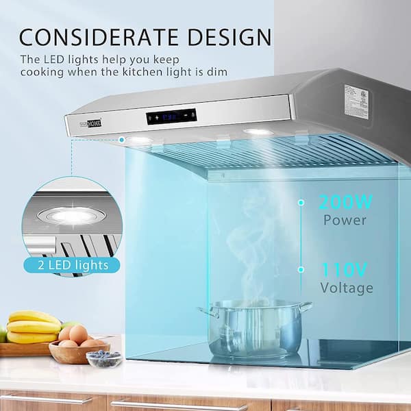30 in. 700-800 CFM Touch Screen Under Cabinet with LED Light Range Hood in Stainless Steel