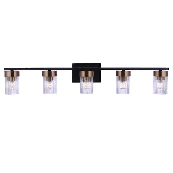 CRAFTMADE Bond Street 35 in. 5-Light Flat Black/Satin Brass Finish Vanity Light with Clear Ribbed Glass