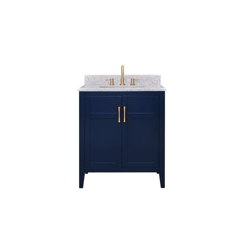 Home Decorators Collection Sturgess 31 in. W x 22 in. D x 35 in. H Bathroom Vanity in Navy Blue with Carrara White Marble Top