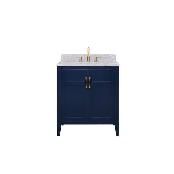 Sturgess 31 in. W x 22 in. D x 35 in. H Single Sink Freestanding Bath Vanity in Navy Blue with Carrara Marble Top