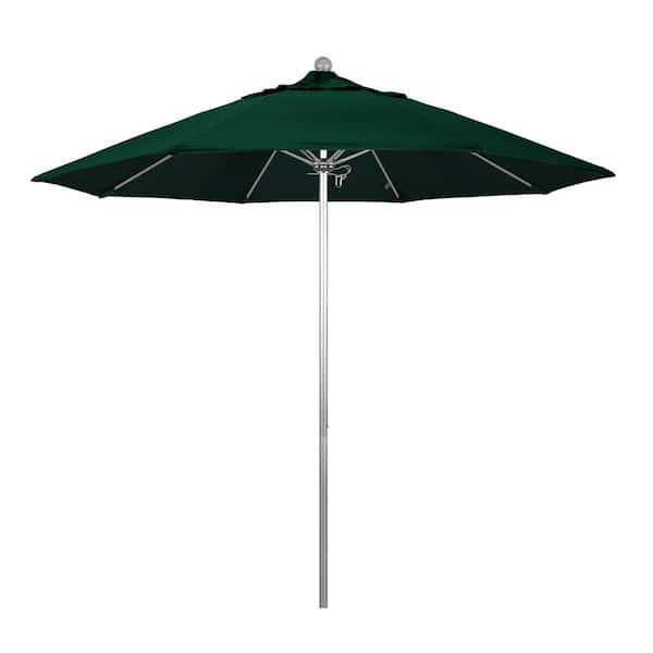 California Umbrella 9 ft. Silver Aluminum Commercial Market Patio Umbrella with Fiberglass Ribs and Push Lift in Forest Green Sunbrella
