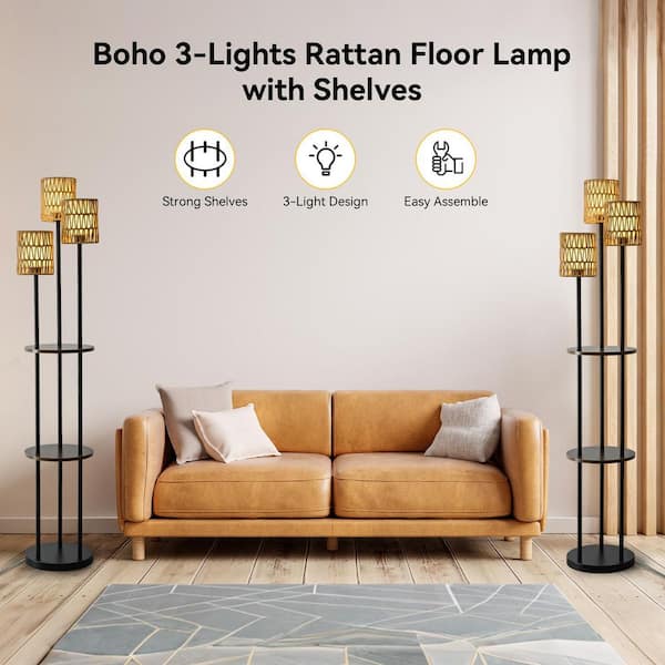 CACI Mall 65 in. Black Boho 3-Light Tree Floor Lamp with Shelves