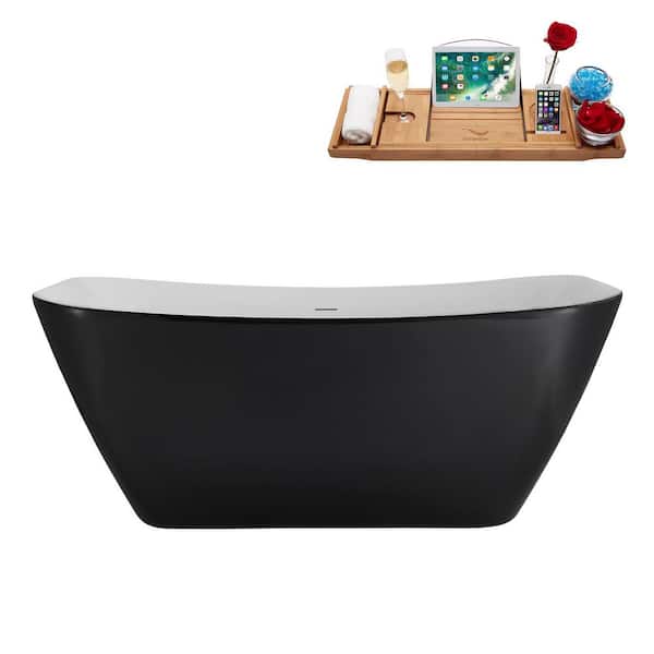 Streamline 59 in. x 31 in. Acrylic Freestanding Soaking Bathtub in Glossy Black With Matte Oil Rubbed Bronze Drain
