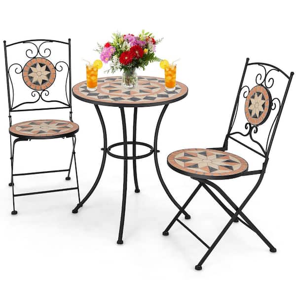 Gymax 3-Piece Metal Outdoor Bistro Set Patio Conversation Furniture Set with 1 Round Mosaic Coffee Table