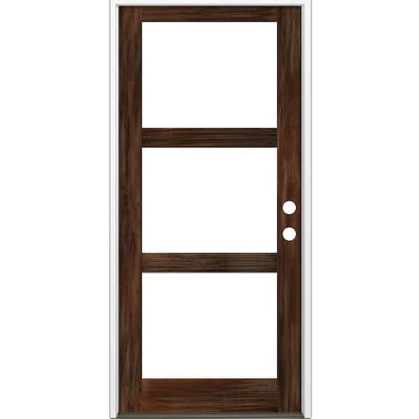 Krosswood Doors 42 in. x 96 in. Modern Hemlock Left-Hand/Inswing 3-Lite Clear Glass Red Mahogany Stain Wood Prehung Front Door