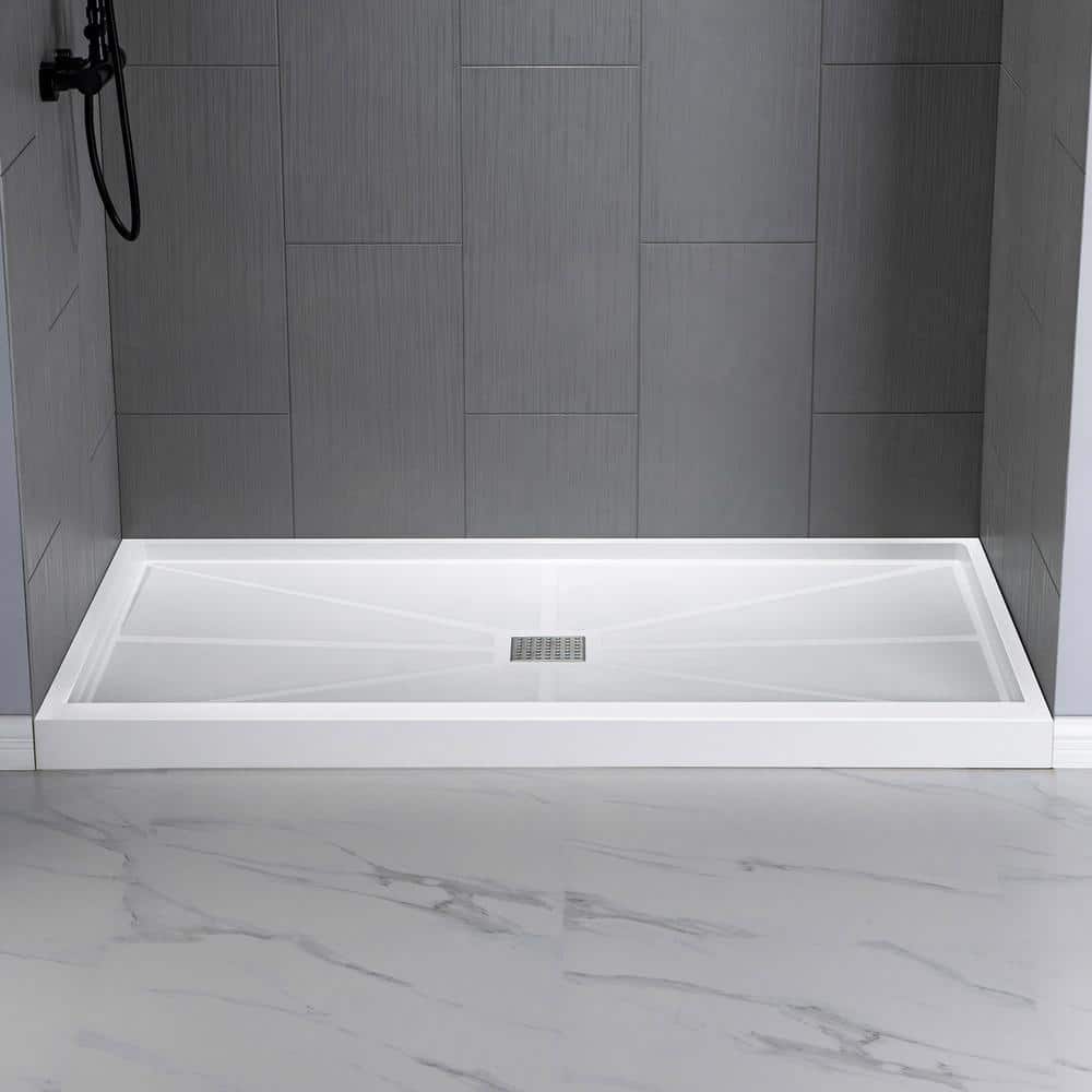 48" White Rectangular Shower Pan with Brushed Nickel Drain Cover