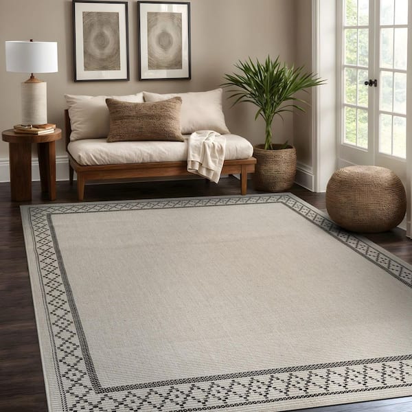 Haven 4 ft. x 6 ft. Bone Border Diamond Washable Easy Jute Modern Indoor Outdoor Area Rug