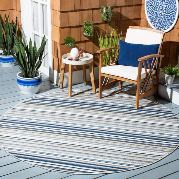 Cabana Gray/Blue 3 ft. x 3 ft. Striped Round Indoor/Outdoor Area Rug