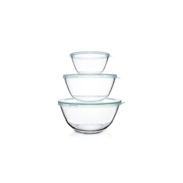 Numhew Kitchen Essential 3-Piece High Borosilicate Glass Clear Blue Mixing Bowl Set with Airtight Lids and Heat-Cold Resistance