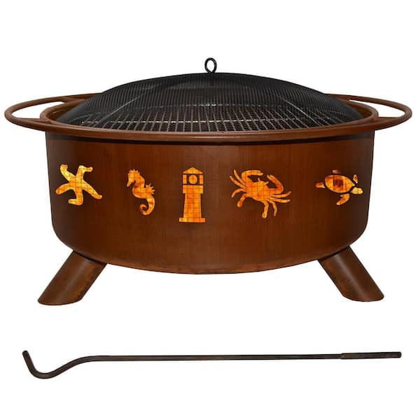 Unbranded Atlantic Coast 29 in. x 18 in. Round Steel Wood Burning Fire Pit in Rust with Grill Poker Spark Screen and Cover