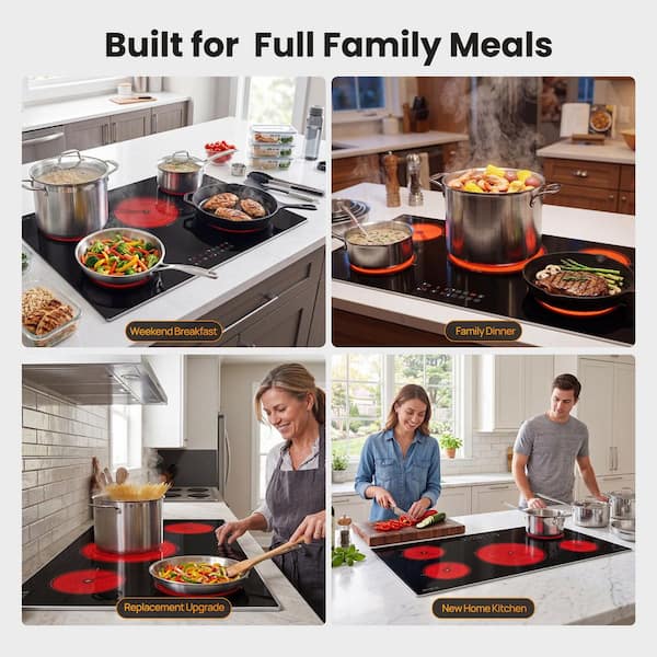 36 in. Electric Cooktop, 5-Burner Elements Radiant Stove with 8700W Power, Touch Control, Ceramic Black Glass Top, 240 V