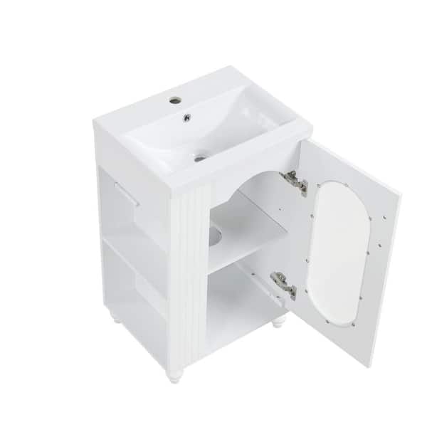 20 in. W Single Sink Freestanding Bath Vanity in White with White Ceramic Top, 1 Door and 2-tier Side Shelf