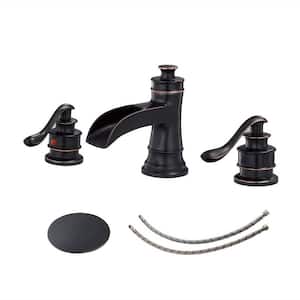 8 in. Widespread Double Handle Waterfall Bathroom Faucet 3 Holes with Pop-Up Drain Kit Included in Oil Rubbed Bronze