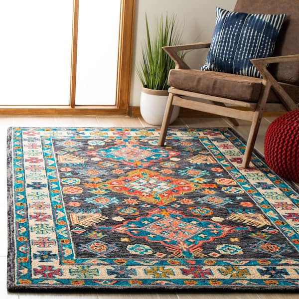 Aspen Charcoal/Blue 8 ft. x 10 ft. Border Bohemian Area Rug