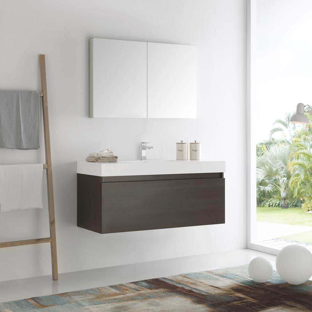 Gray Oak Wall Hung Vanity with Integrated Sink and Medicine Cabinet