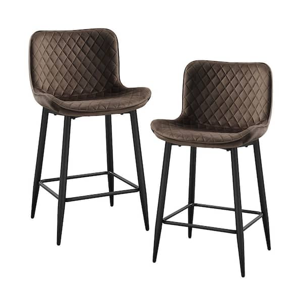 Lazzara Chevre 24 in. Black Metal Counter Height Chair with Brown Velvet Seat (Set of 2)