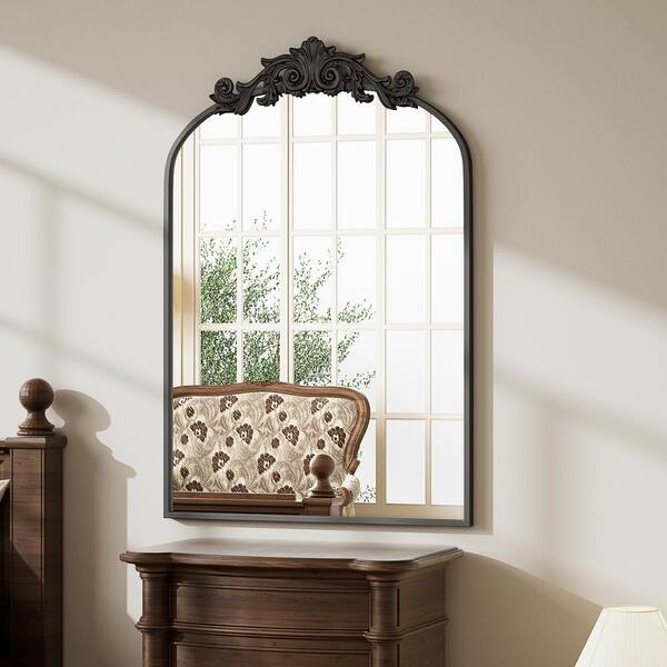 XRAMFY 26 in. W x 37.8 in. H Arched Black Metal Framed with Carved