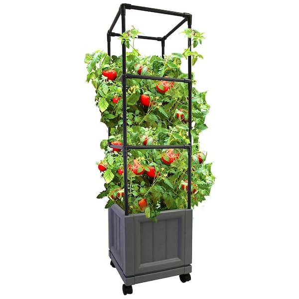 17 in. L x 14 in. W x 11 in. H 3-Tier Slate Gray Trellis Tower Raised Bed Planter