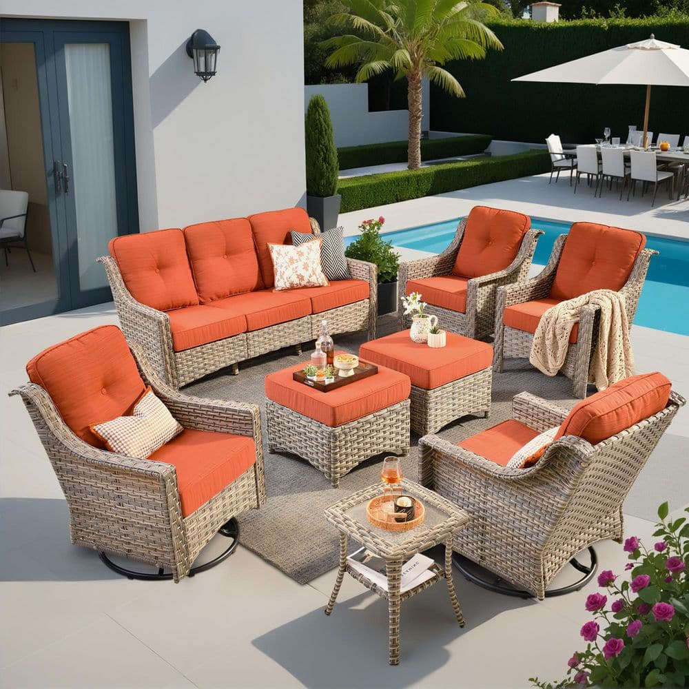 Harpera 8-Piece Outdoor Wicker Patio Conversation Sofa Seating Set With Swivel Rocker, Ottomans and Orange Red Cushions price history on PriceWatchPro