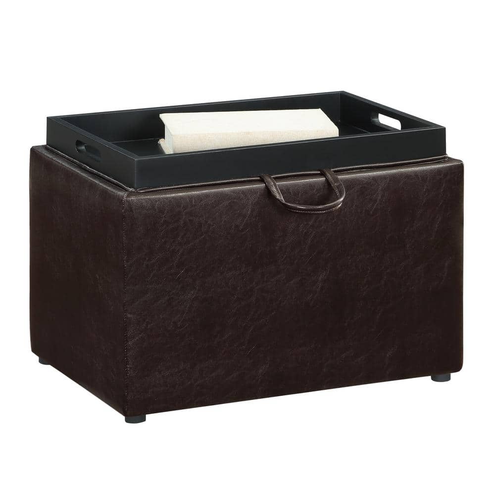 Espresso Faux Leather Versatile Storage Ottoman with Tray