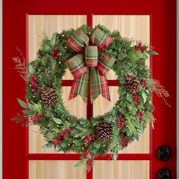 30 in. Woodmoore Battery Operated Mixed Pine LED Pre-Lit Artificial Wreath with Timer