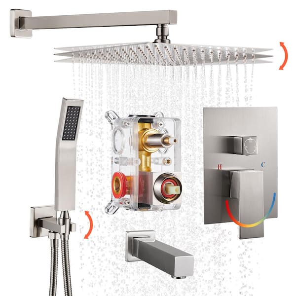 Heemli Rain Single Handle 1-Spray Tub Shower Faucet Handheld Combo with Valve 1.8 GPM 12 in. Adjustable Head in Brushed Nickel