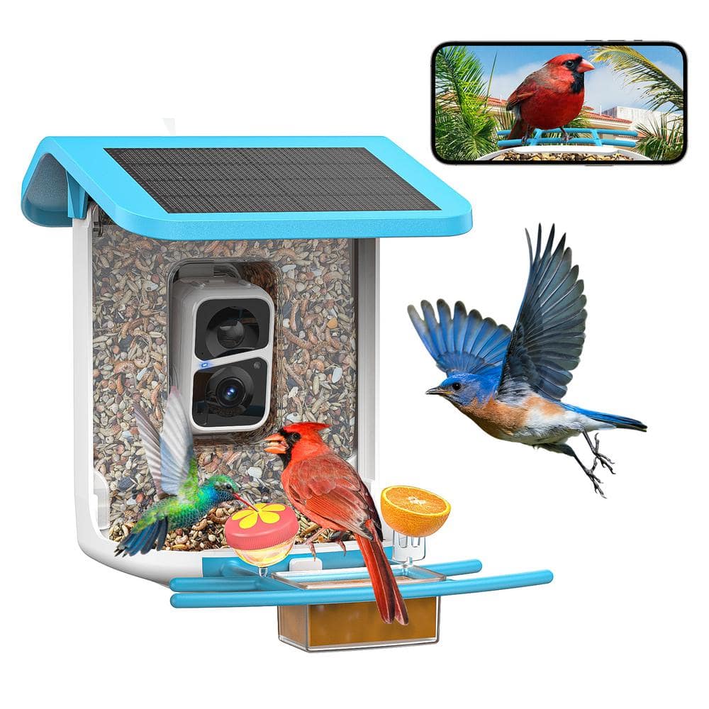 Blue and White Plastic Smart Bird Feeder with Camera