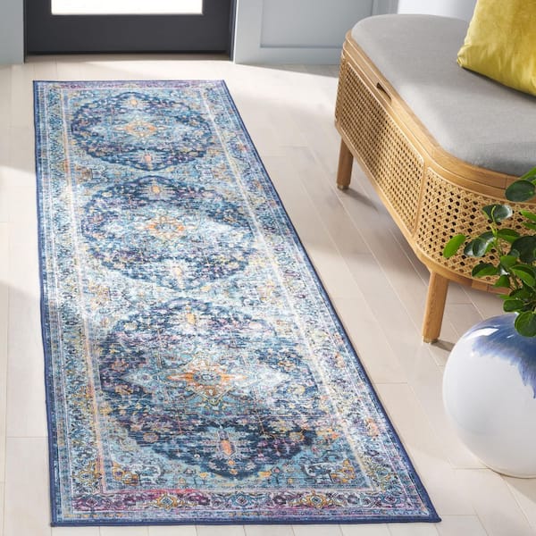 Orlando 2 ft. x 8 ft. Light Blue/Navy Vintage Distressed Medallion Washable Runner Rug
